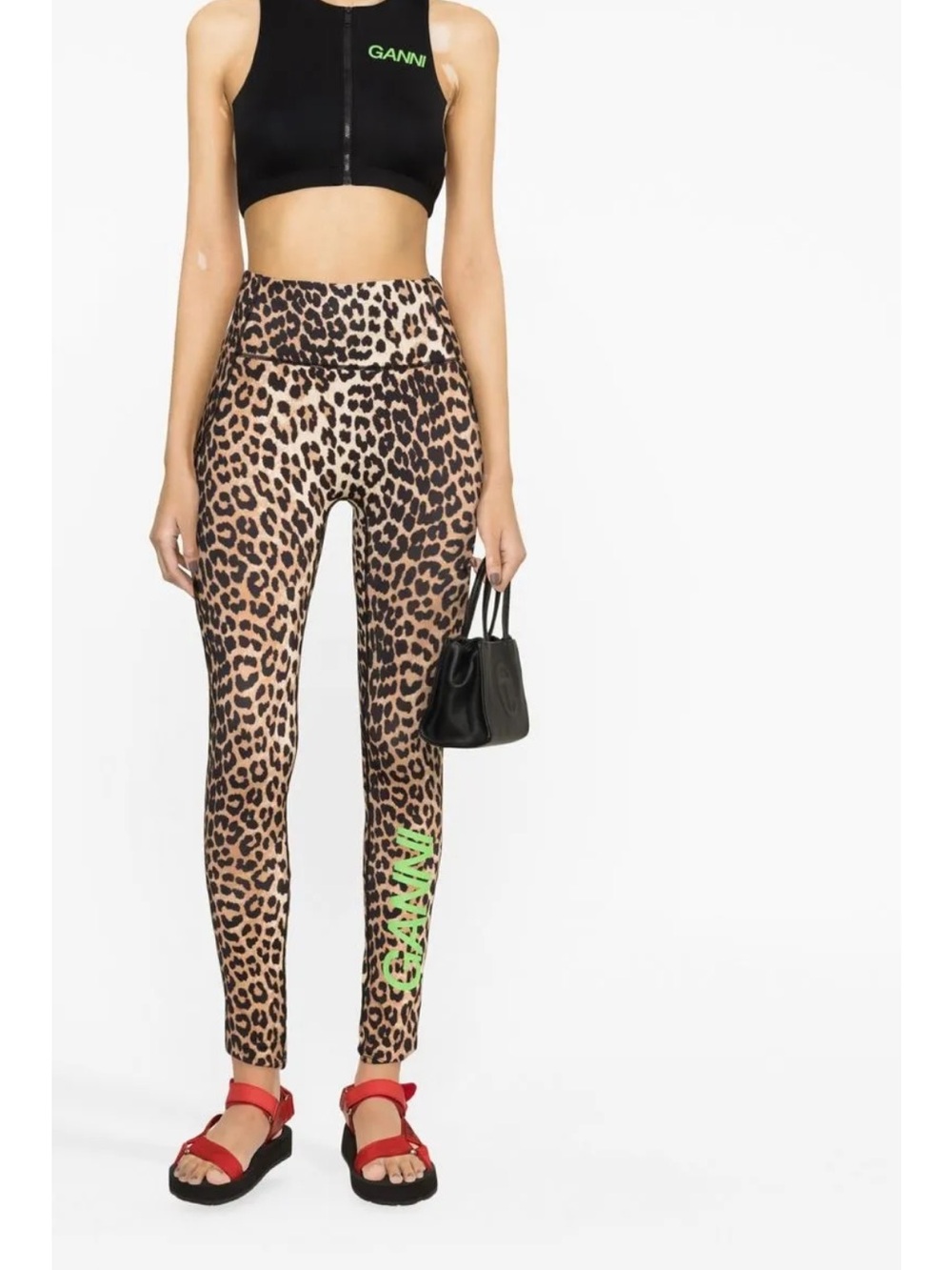 Ganni Leopard-Print High-Waist Leggings with Neon Green Logo